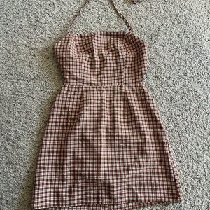 Elegant Brown Checkered Halter Neck Dress